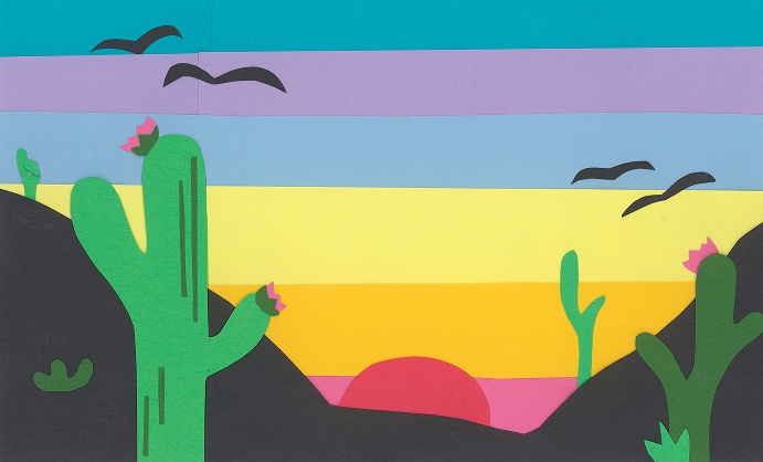 Colorful paper cutout landscape with cacti and sunset at the horizon.