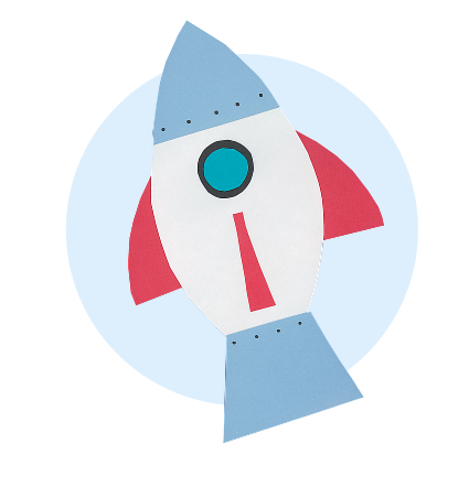 Colorful rocket ship illustration on a light blue circle background.