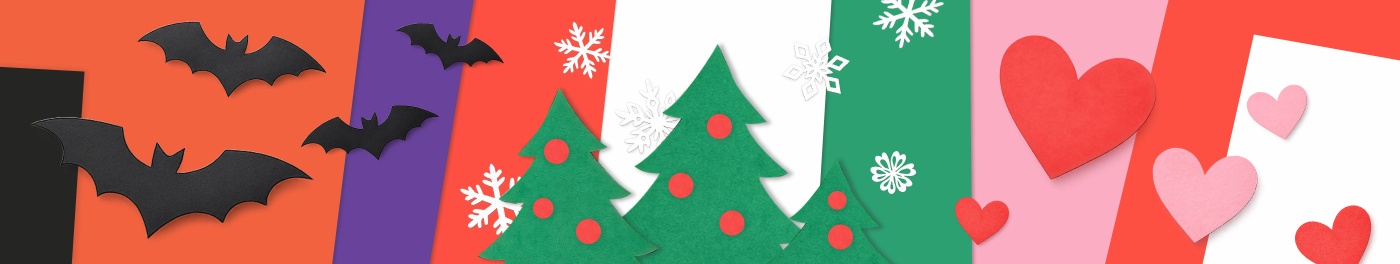 Colorful background featuring bats, Christmas trees, hearts, and snowflakes for holiday crafts.