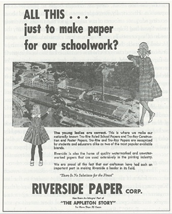 Riverside Paper ad showcasing paper production for schoolwork and education.