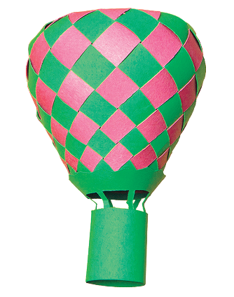 Colorful paper hot air balloon model in green and pink.