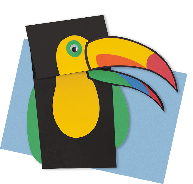 Colorful paper toucan craft on blue background, fun art project for kids
