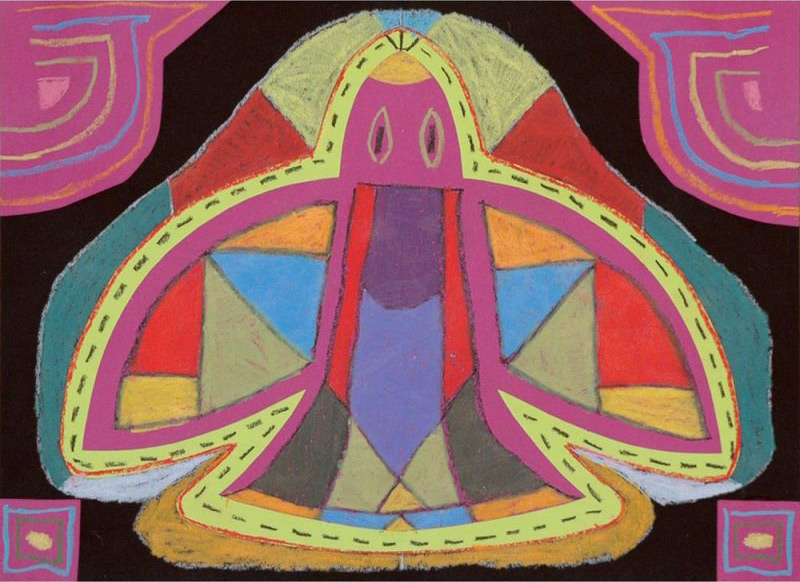 Colorful abstract artwork featuring geometric shapes and a central symmetrical design.